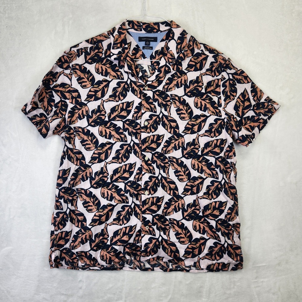 Tommy Hilfiger Mens XL Regular Fit Linen Cotton Leaf Print‎ Short Sleeve Shirt